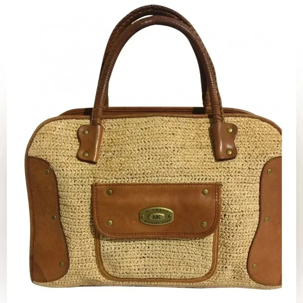 Michael kors beige brown woven leather satchel handbag